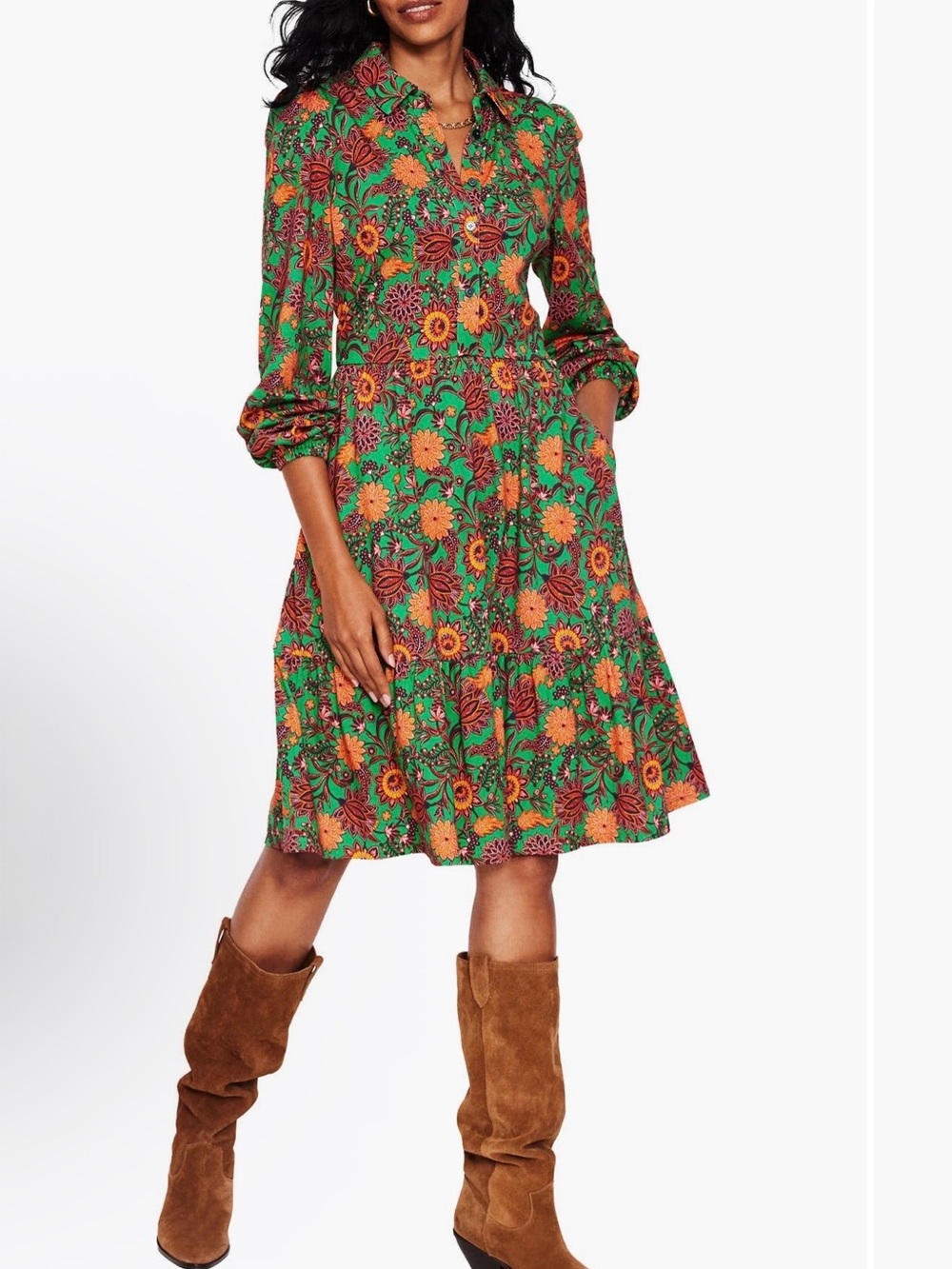Boden Floral Long Sleeve Tiered Shirtdress Size 12